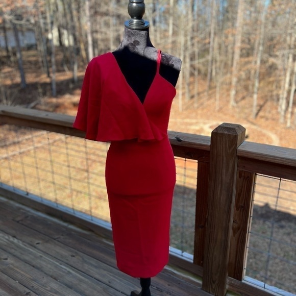 Dress The Population Red Beth Fitted Midi Dress One Shoulder Ruffle Valentines - Picture 7 of 7